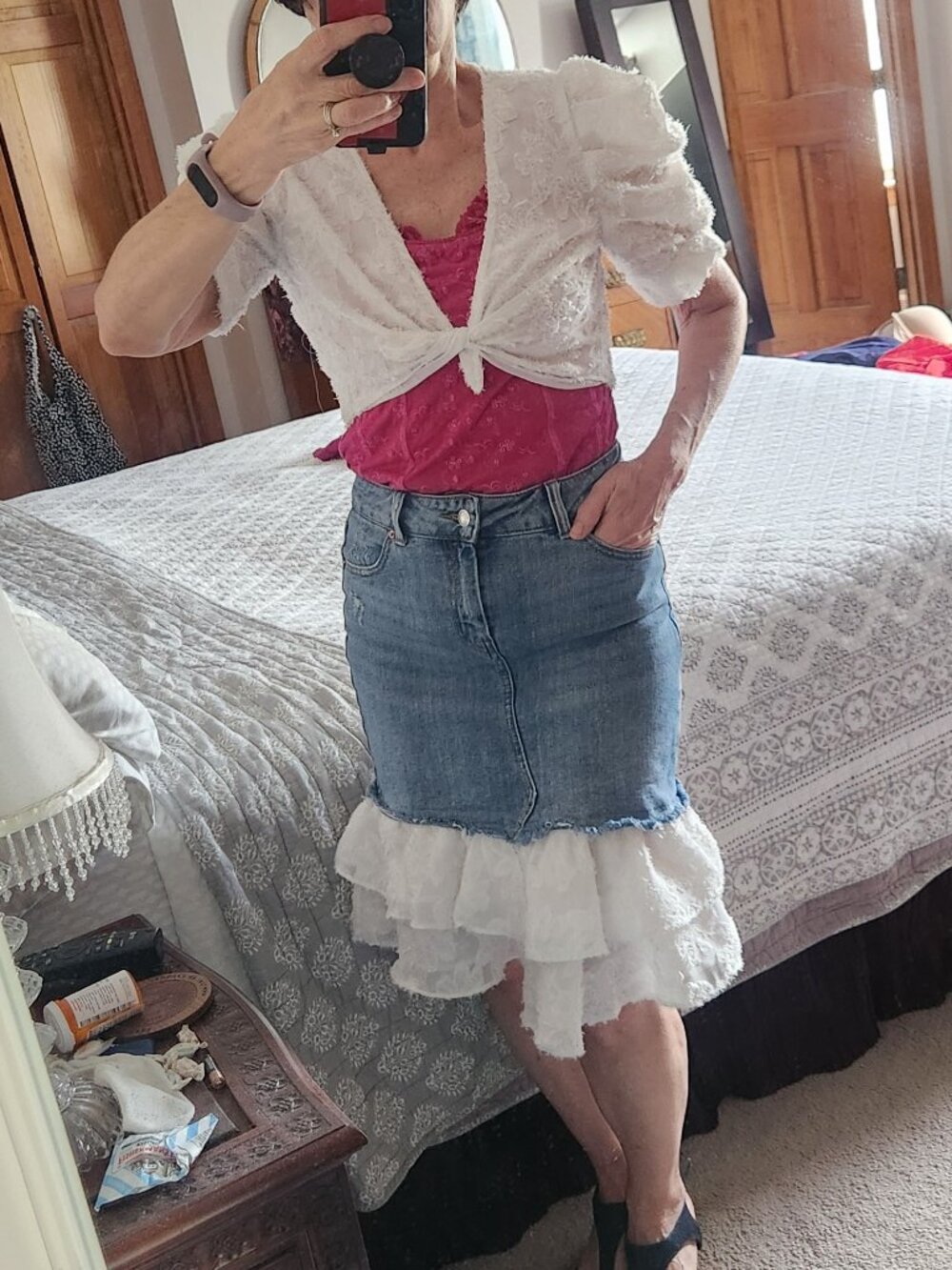 Upcycled Wild Fable Skirt & Zara Shrug Top Sz 0 small OOAK Ruffles Denim Shaggy